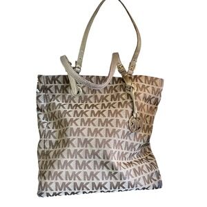 Michael Kors Jet Set Tote Bag Purse Signature Logo Print Tan Brown Gold‎